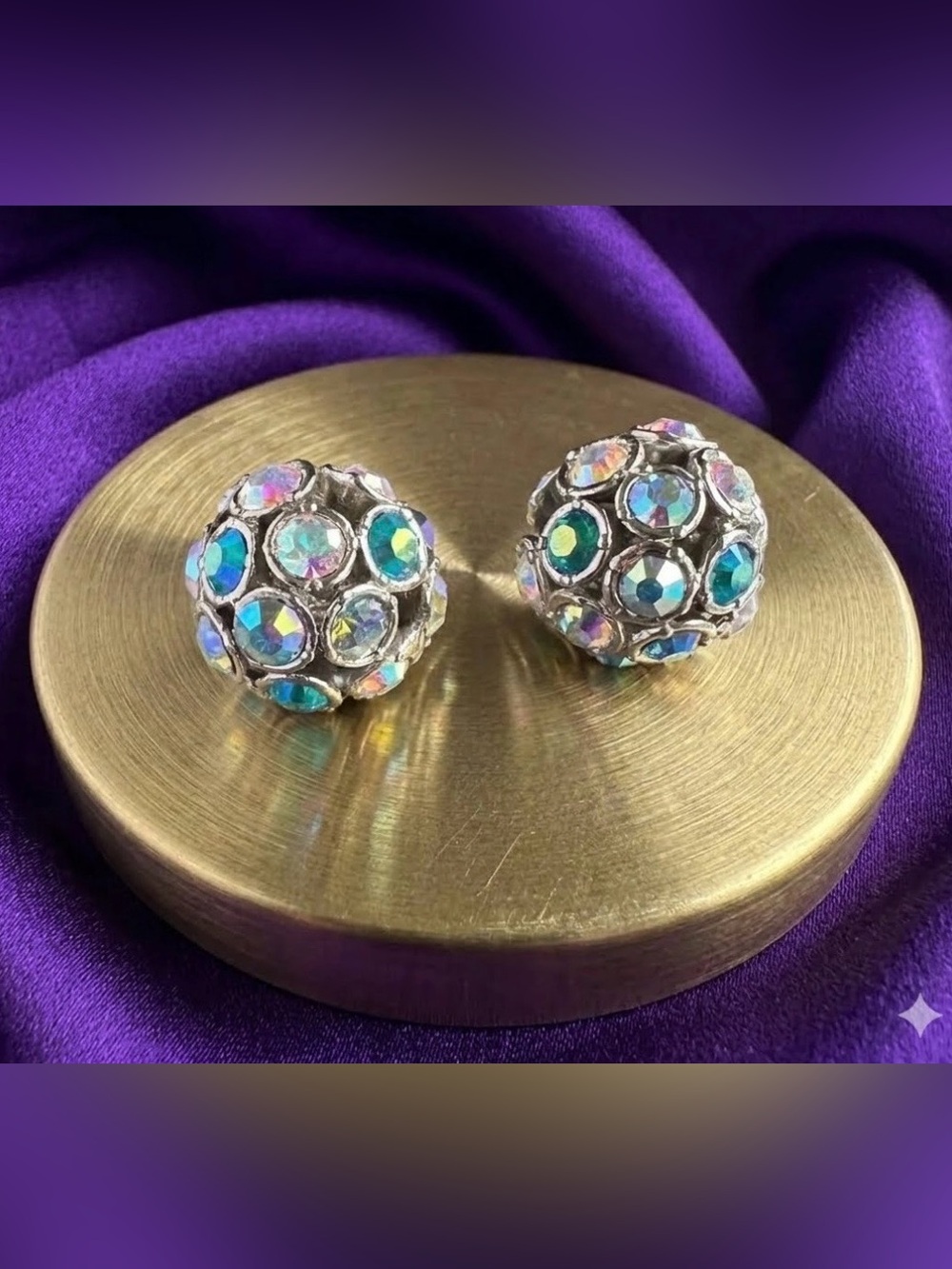 VTG Aurora Borealis Crystal Ball Stud Earrings - Multicolor Rhinestones